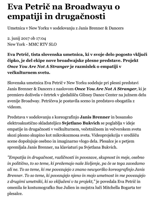Eva Petrič na Broadwayu o empatiji in drugačnosti