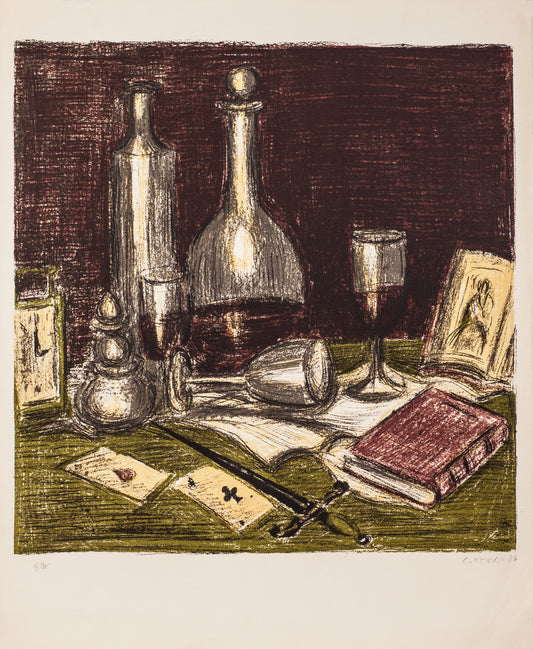 Nature morte aux livres, cartes à jouer et carafes by Andre Cottavoz - Mourlot Editions - Fine_Art - Poster - Lithograph - Wall Art - Vintage - Prints - Original