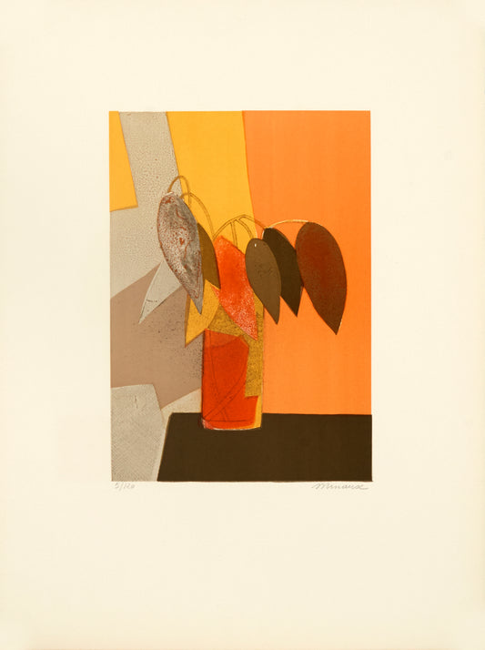 Untitled, (Orange vase with 8 leaves) by André Minaux - Mourlot Editions - Fine_Art - Poster - Lithograph - Wall Art - Vintage - Prints - Original