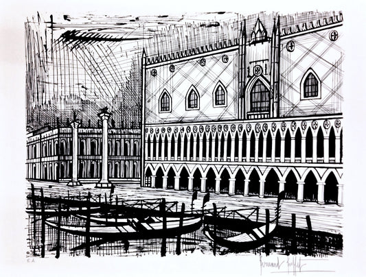 Le Palais des Doges (B&W) - Venise by Bernard Buffet, 1986 - Mourlot Editions - Fine_Art - Poster - Lithograph - Wall Art - Vintage - Prints - Original