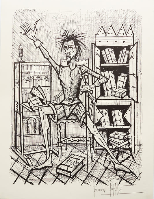 Don Quixote dans la Bibliotèque II (B&W) - Don Quichotte by Bernard Buffet, 1989 - Mourlot Editions - Fine_Art - Poster - Lithograph - Wall Art - Vintage - Prints - Original
