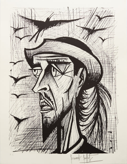 Don Quixote et les Oiseaux X (B&W) - Don Quichotte by Bernard Buffet, 1989 - Mourlot Editions - Fine_Art - Poster - Lithograph - Wall Art - Vintage - Prints - Original