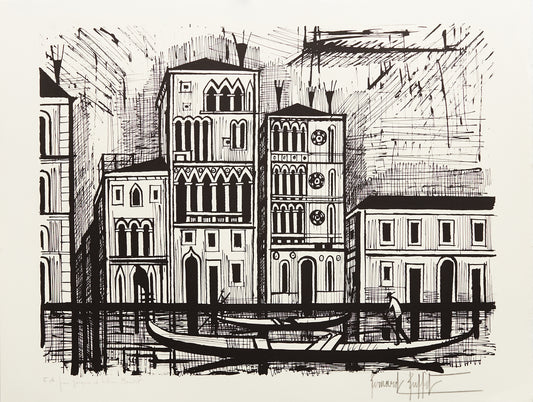 Palais Dario et Barbaro (B&W) - Venise by Bernard Buffet, 1986 - Mourlot Editions - Fine_Art - Poster - Lithograph - Wall Art - Vintage - Prints - Original