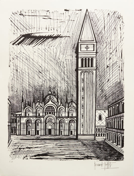 Saint Marc et Le Campanile (B&W) - Venise by Bernard Buffet, 1986 - Mourlot Editions - Fine_Art - Poster - Lithograph - Wall Art - Vintage - Prints - Original