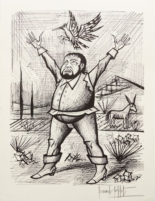 Sancho Pancha et la Huppe VIII (B&W) - Don Quichotte by Bernard Buffet, 1989 - Mourlot Editions - Fine_Art - Poster - Lithograph - Wall Art - Vintage - Prints - Original