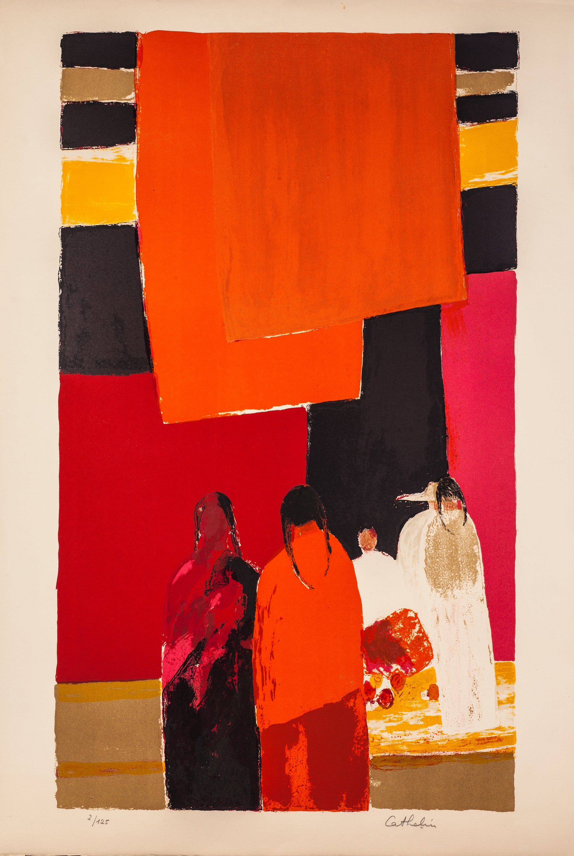 Marché Mexicain au Tentures Rouges (Mexican Market) by Bernard Cathelin,  1970 - Mourlot Editions - Fine_Art - Poster - Lithograph - Wall Art - Vintage - Prints - Original