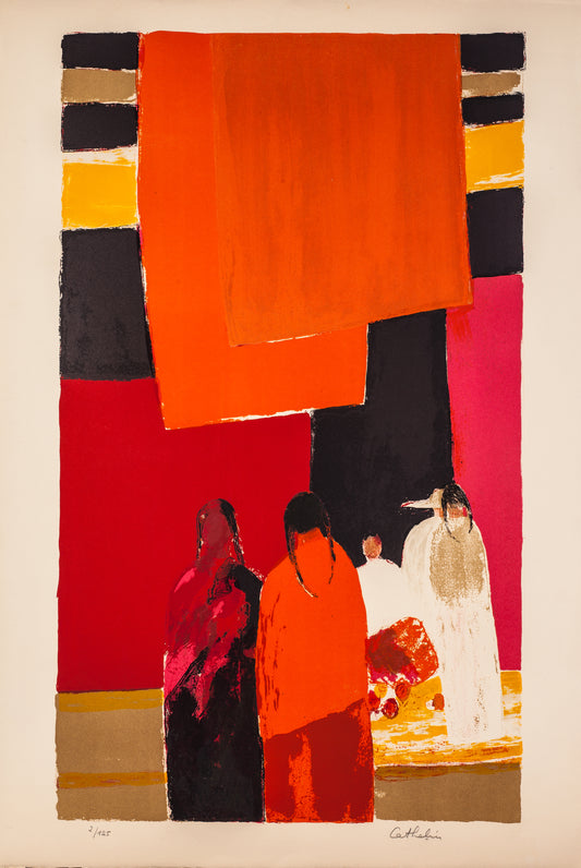 Marché Mexicain au Tentures Rouges (Mexican Market) by Bernard Cathelin,  1970 - Mourlot Editions - Fine_Art - Poster - Lithograph - Wall Art - Vintage - Prints - Original