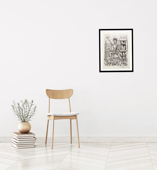 Don Quixote dans la Bibliotèque II (B&W) - Don Quichotte by Bernard Buffet, 1989 - Mourlot Editions - Fine_Art - Poster - Lithograph - Wall Art - Vintage - Prints - Original