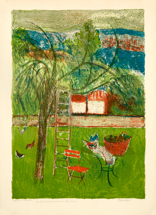 Backyard, Ladder Resting on Tree, Orange Chair by Guy Bardone - Mourlot Editions - Fine_Art - Poster - Lithograph - Wall Art - Vintage - Prints - Original