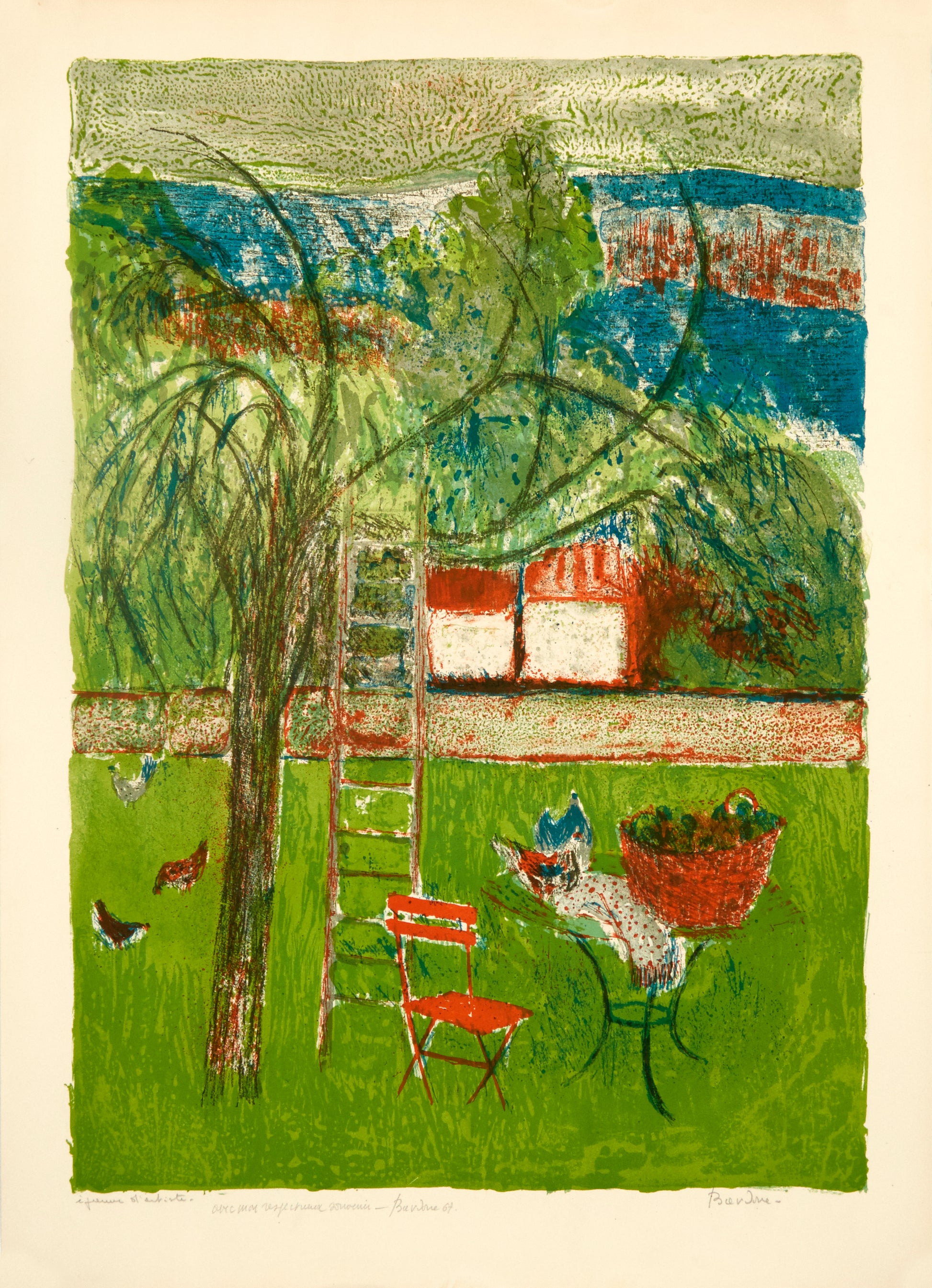 Backyard, Ladder Resting on Tree, Orange Chair by Guy Bardone - Mourlot Editions - Fine_Art - Poster - Lithograph - Wall Art - Vintage - Prints - Original