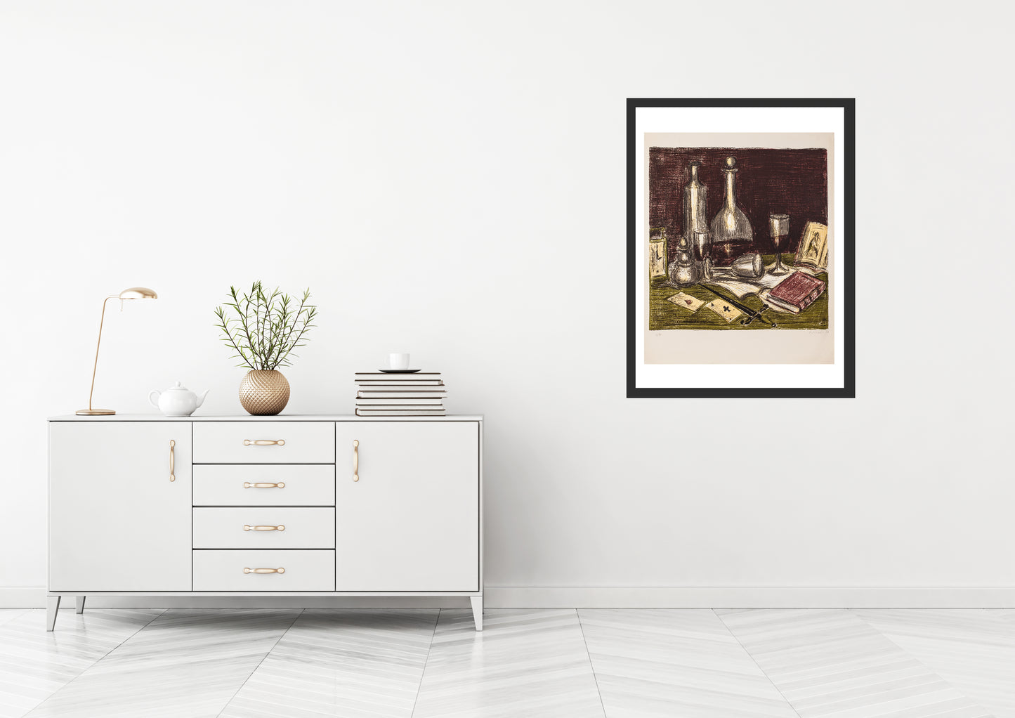 Nature morte aux livres, cartes à jouer et carafes by Andre Cottavoz - Mourlot Editions - Fine_Art - Poster - Lithograph - Wall Art - Vintage - Prints - Original