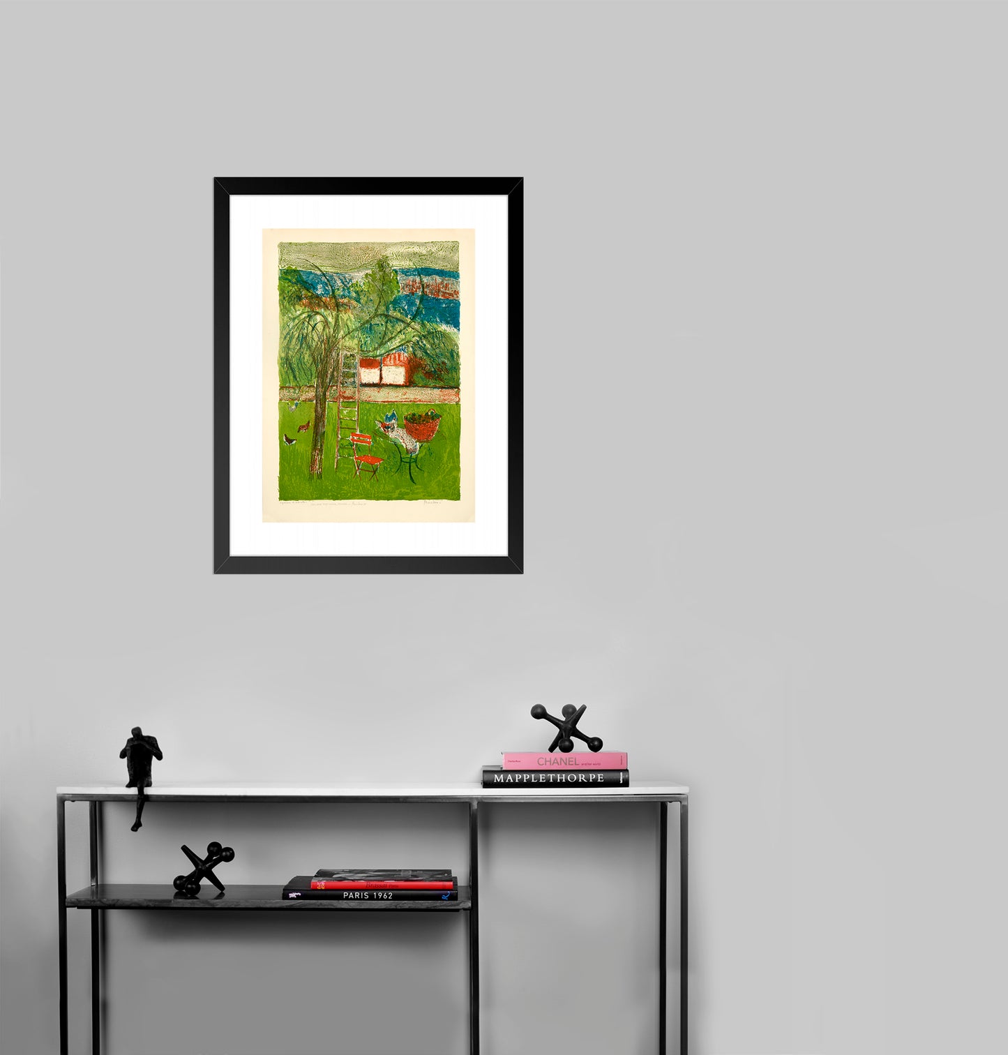 Backyard, Ladder Resting on Tree, Orange Chair by Guy Bardone - Mourlot Editions - Fine_Art - Poster - Lithograph - Wall Art - Vintage - Prints - Original
