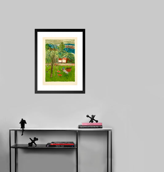 Backyard, Ladder Resting on Tree, Orange Chair by Guy Bardone - Mourlot Editions - Fine_Art - Poster - Lithograph - Wall Art - Vintage - Prints - Original