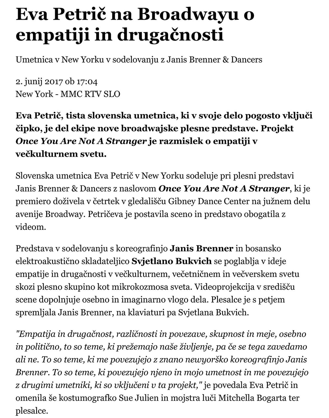 Eva Petrič na Broadwayu o empatiji in drugačnosti