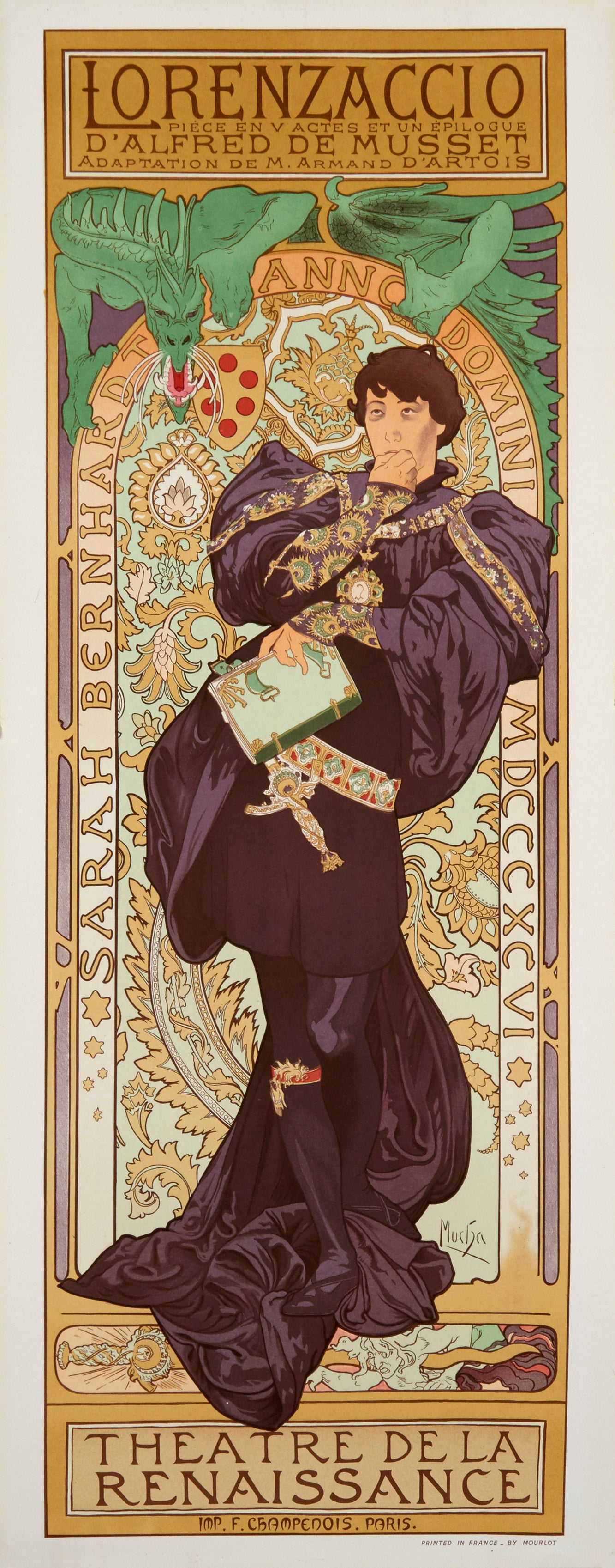 Lorenzaccio - Sarah Bernhardt (after) Alphonse Mucha, 1969 - Mourlot Editions - Fine_Art - Poster - Lithograph - Wall Art - Vintage - Prints - Original