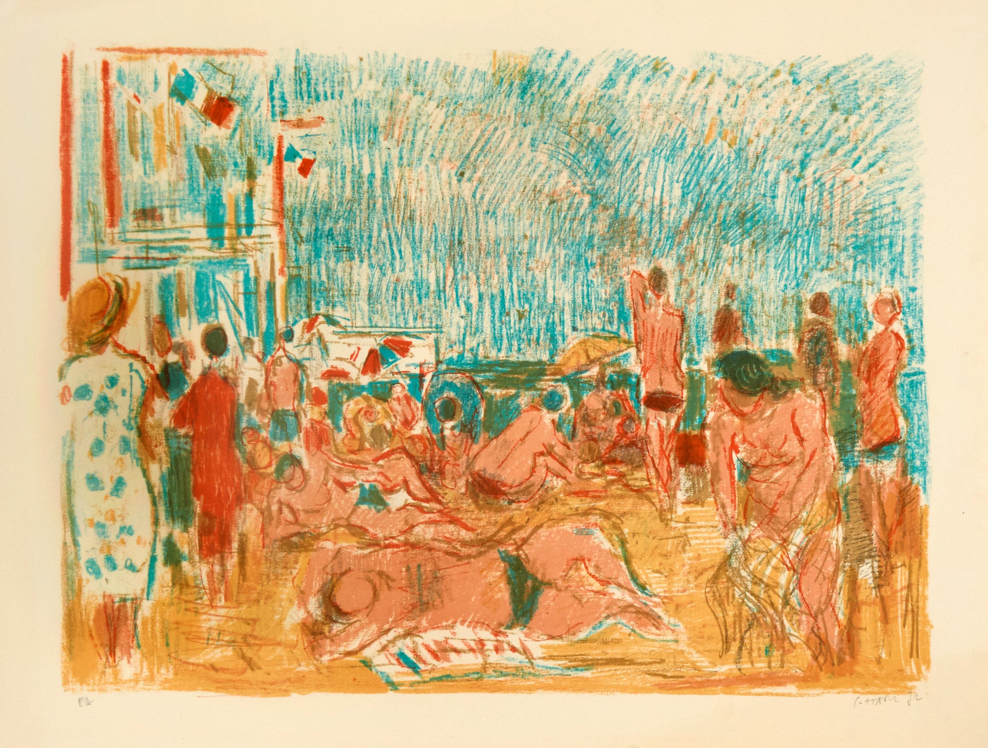 People at the Beach by André Cottavoz - Mourlot Editions - Fine_Art - Poster - Lithograph - Wall Art - Vintage - Prints - Original