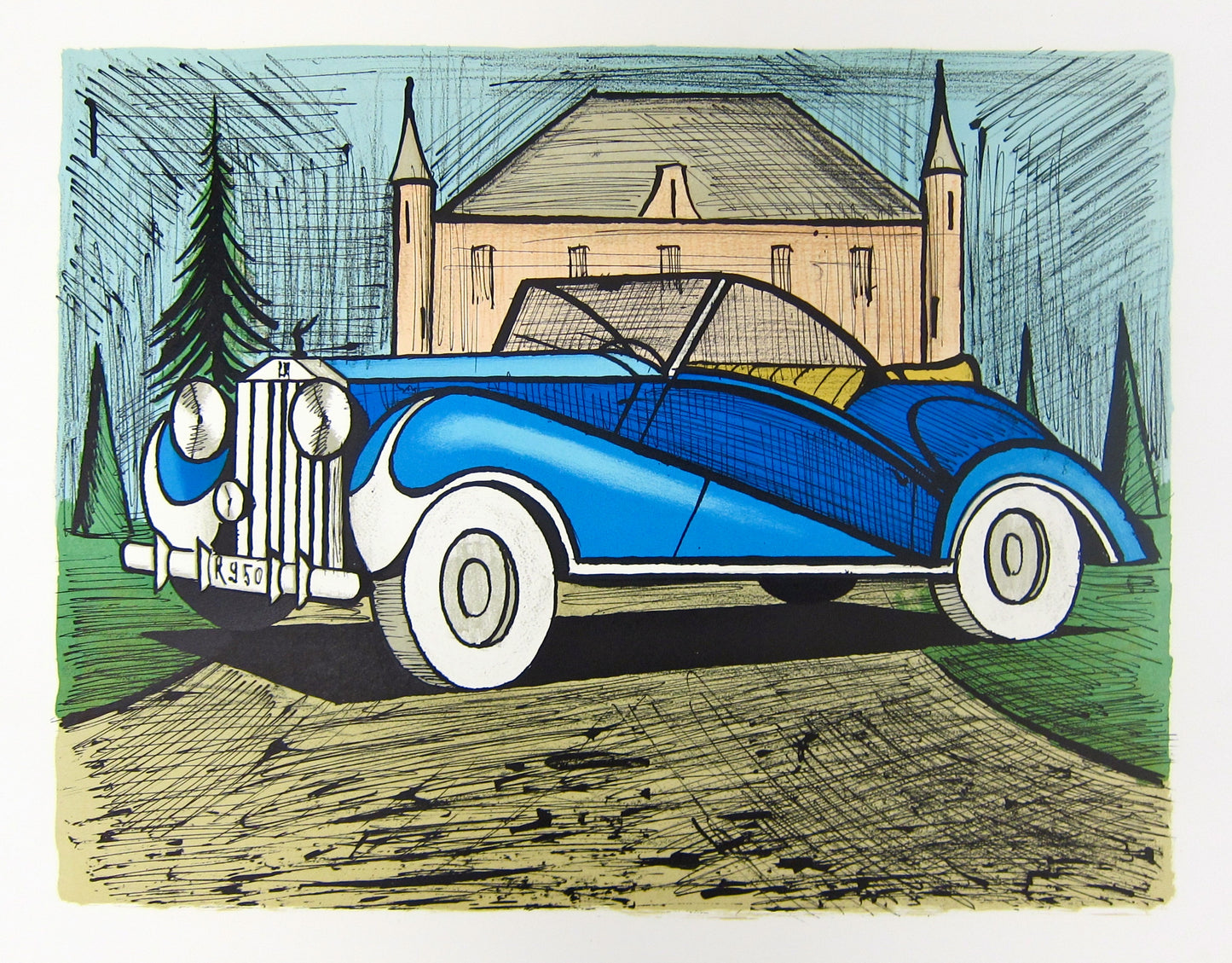 Rolls Royce 1937 Bleue - Mourlot Editions - Fine_Art - Poster - Lithograph - Wall Art - Vintage - Prints - Original