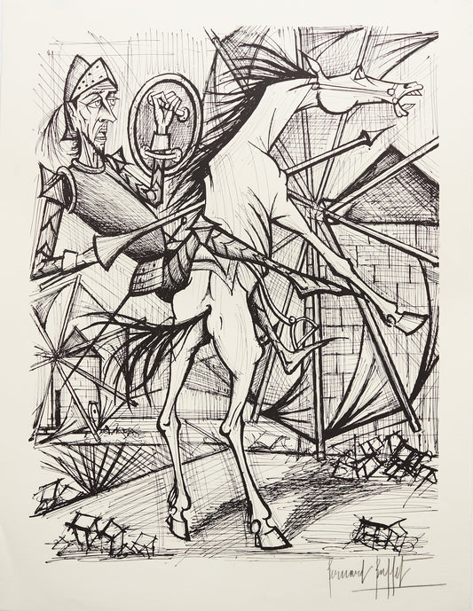 Des Moulins a Vent V (B&W) - Don Quichotte by Bernard Buffet, 1989 - Mourlot Editions - Fine_Art - Poster - Lithograph - Wall Art - Vintage - Prints - Original