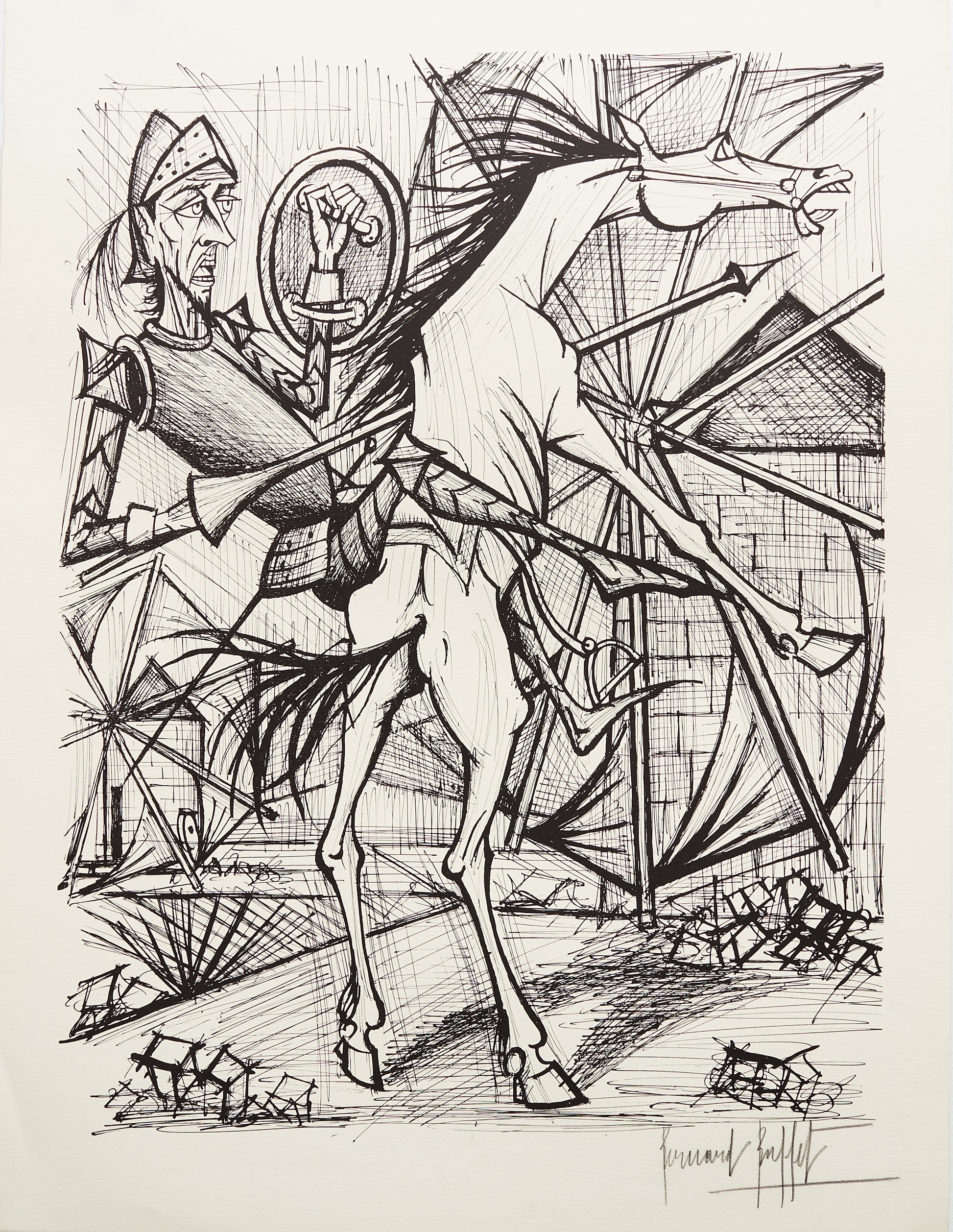 Des Moulins a Vent V (B&W) - Don Quichotte by Bernard Buffet, 1989 - Mourlot Editions - Fine_Art - Poster - Lithograph - Wall Art - Vintage - Prints - Original