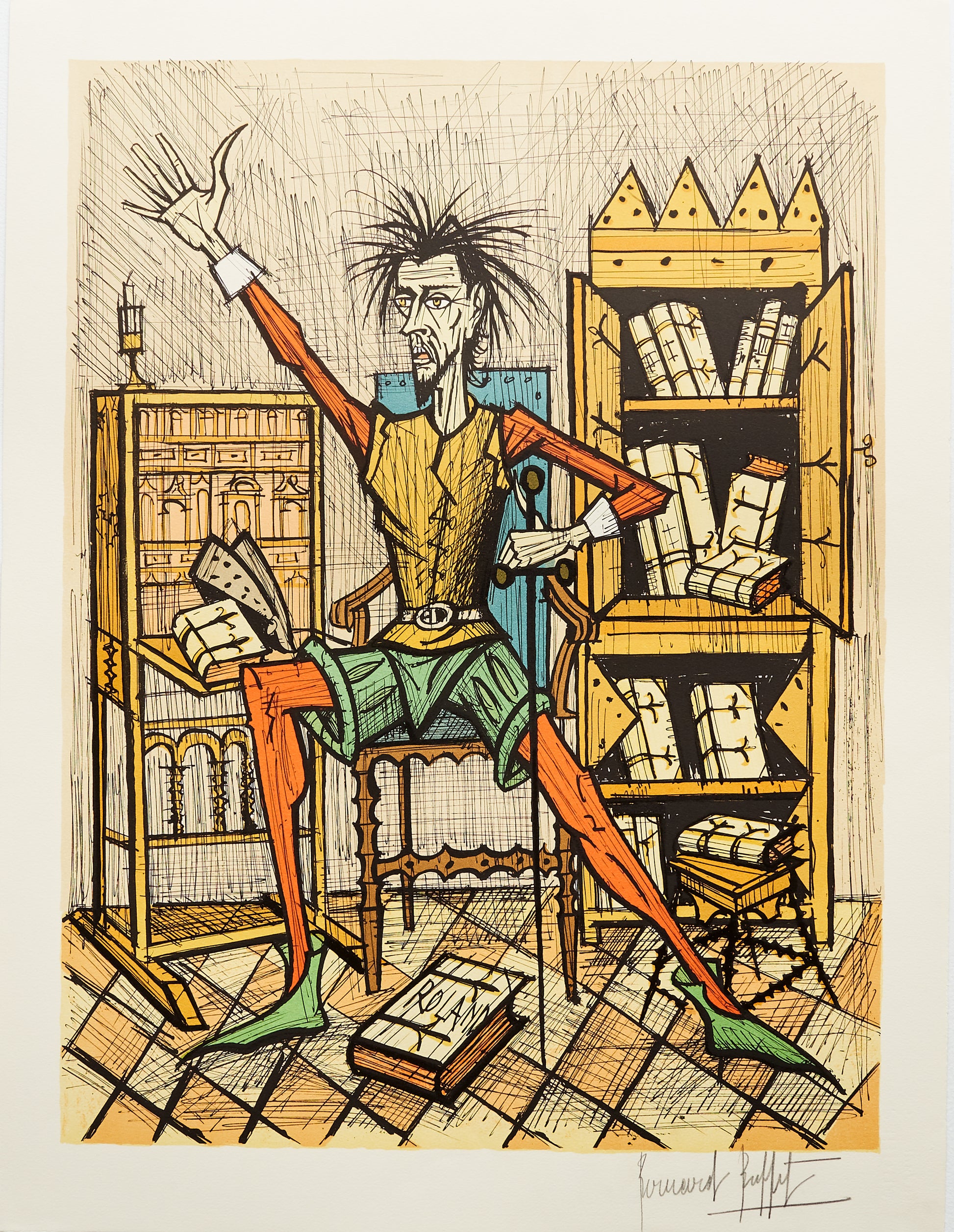 Don Quixote dans la Bibliotèque II - Don Quichotte by Bernard Buffet, 1989 - Mourlot Editions - Fine_Art - Poster - Lithograph - Wall Art - Vintage - Prints - Original
