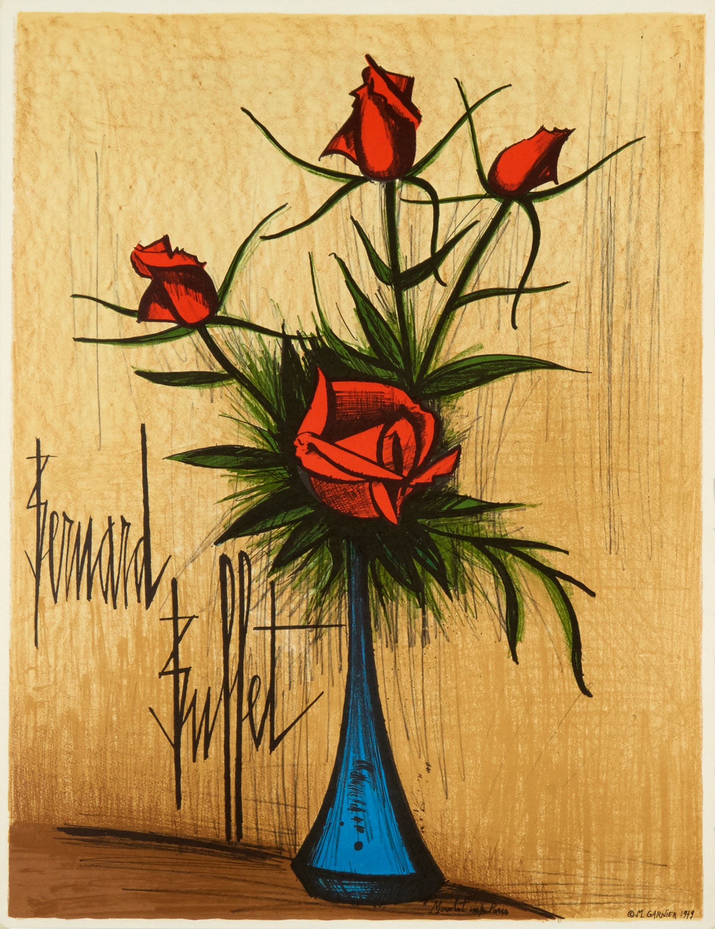Roses dans un Vase Bleu - Fleurs by Bernard Buffet, 1979 - Mourlot Editions - Fine_Art - Poster - Lithograph - Wall Art - Vintage - Prints - Original