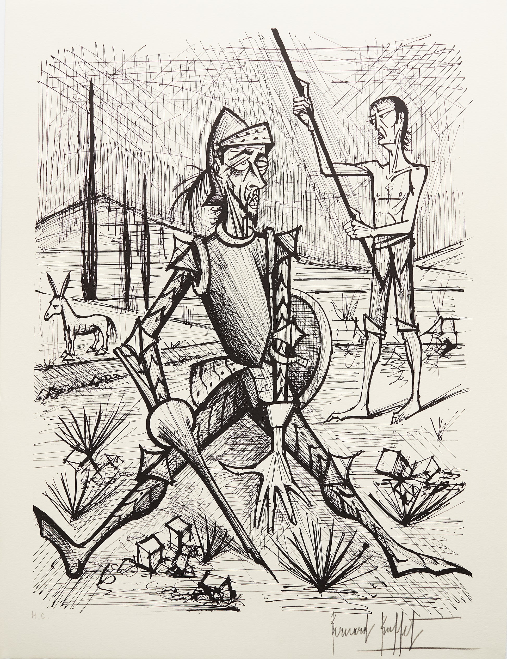 La Rencontre Avec Les Muletiers IV (B&W) - Don Quichotte by Bernard Buffet, 1989 - Mourlot Editions - Fine_Art - Poster - Lithograph - Wall Art - Vintage - Prints - Original