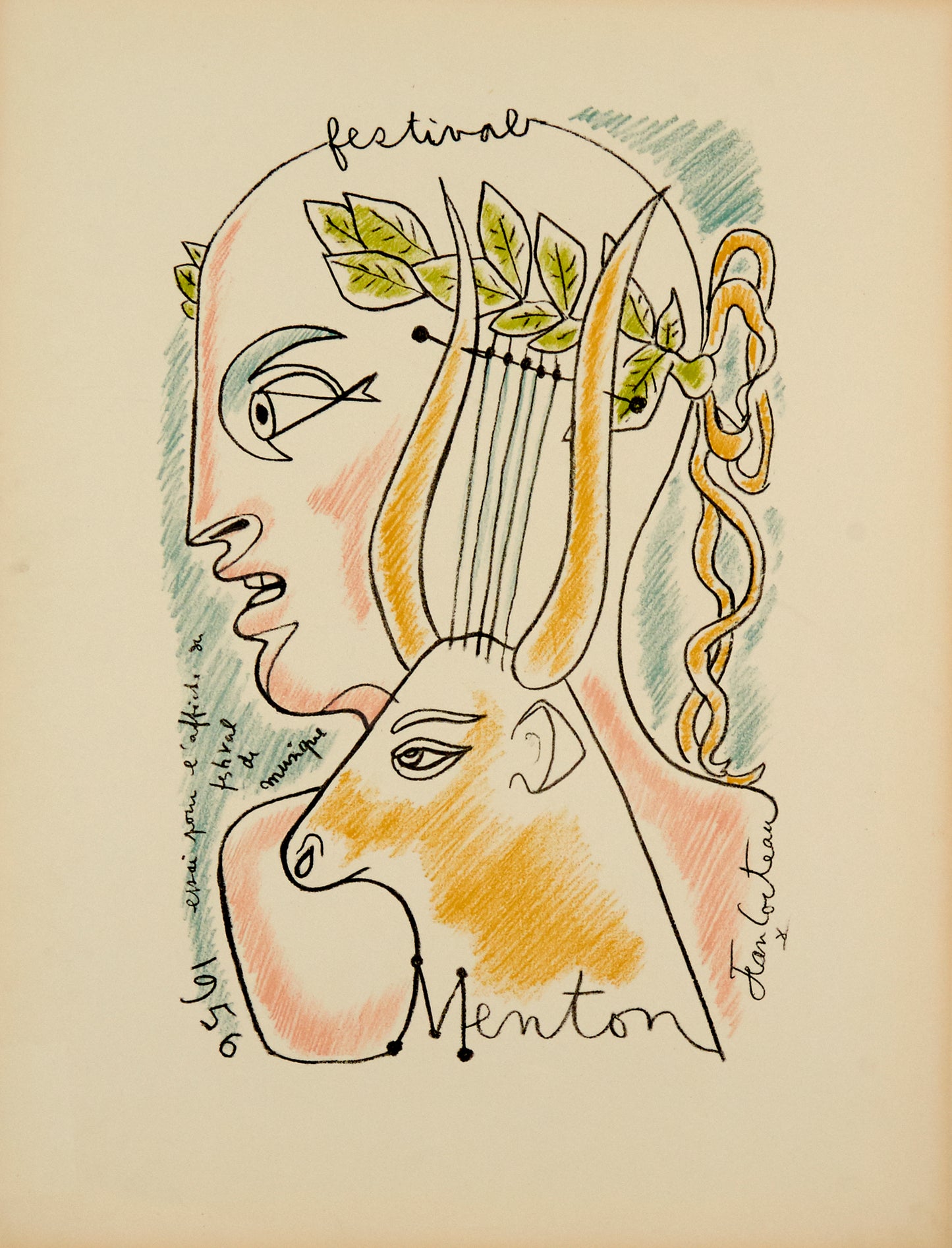 Festival de Musique de Menton by Jean Cocteau, 1956 / 1975 - Mourlot Editions - Fine_Art - Poster - Lithograph - Wall Art - Vintage - Prints - Original