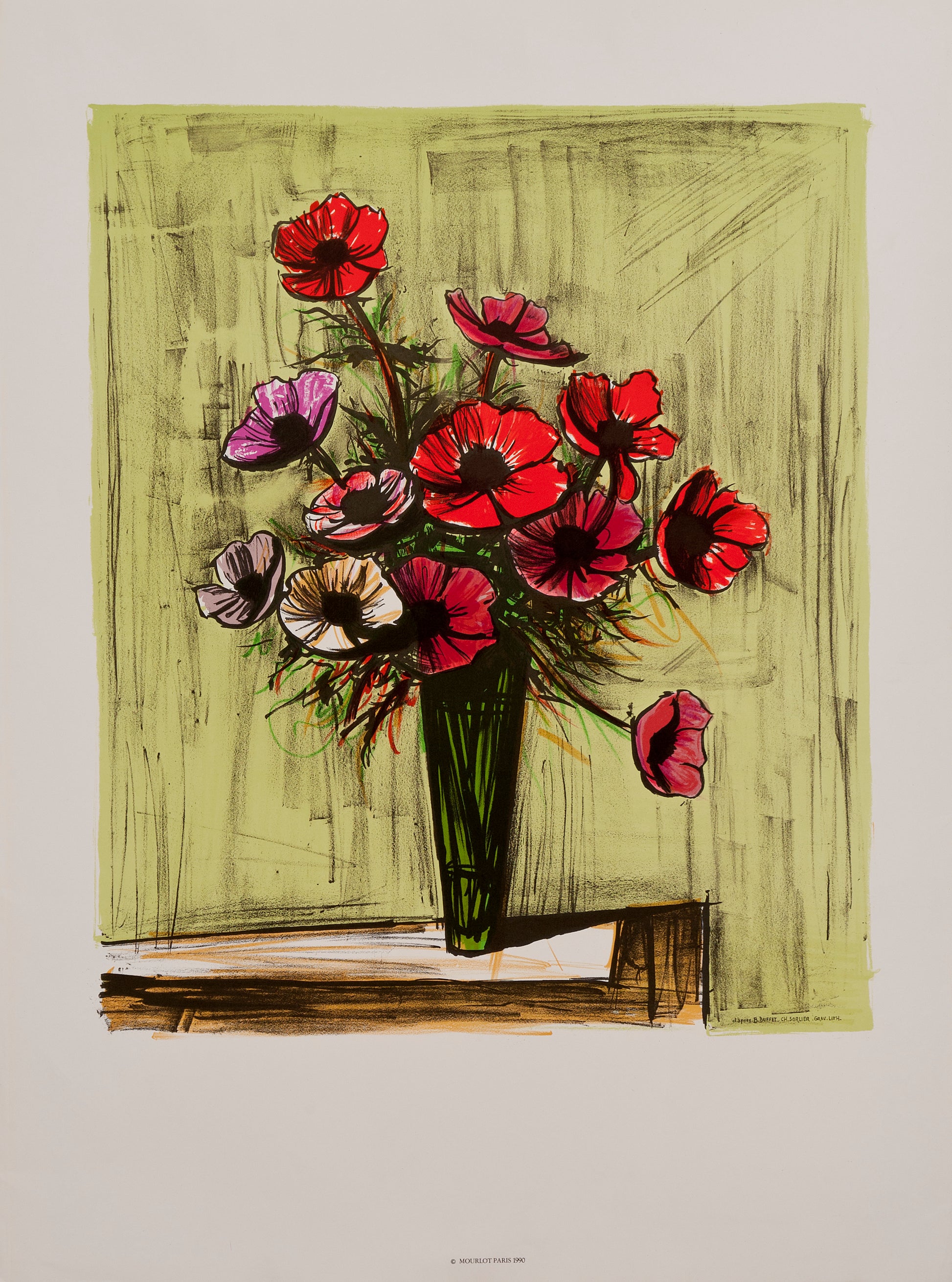 Bouquet d' Anémones (without text) by Bernard Buffet, 1990 - Mourlot Editions - Fine_Art - Poster - Lithograph - Wall Art - Vintage - Prints - Original