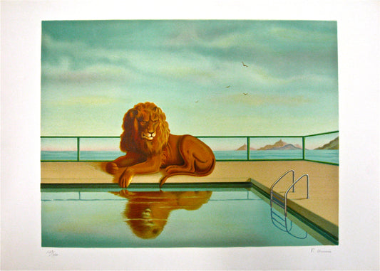 Lion Au Bord De La Piscine by Francoise Houssin, 1988 - Mourlot Editions - Fine_Art - Poster - Lithograph - Wall Art - Vintage - Prints - Original