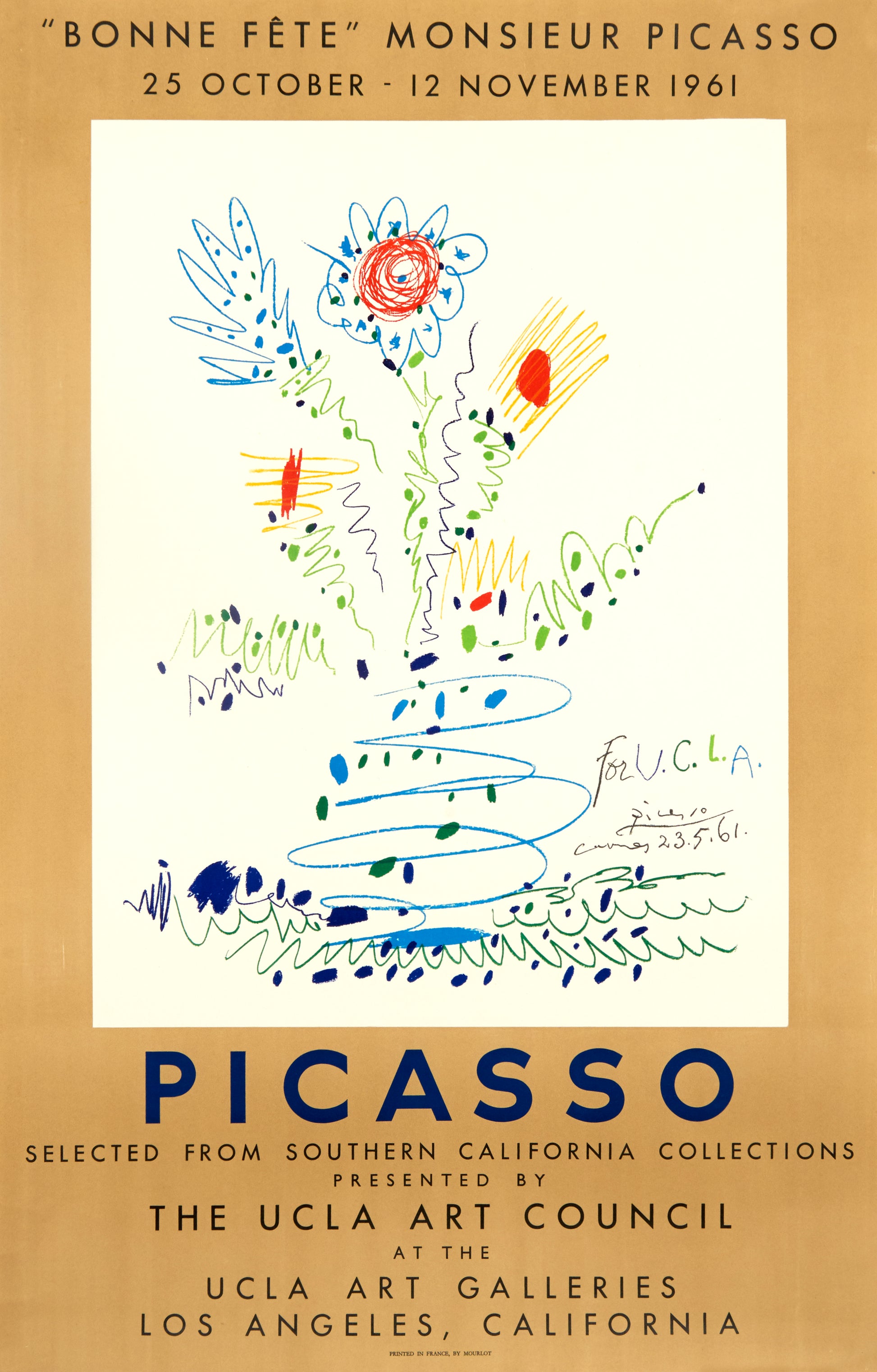 "Bonne Fête Monsieur Picasso" - The UCLA Art Galleries by Pablo Picasso, 1961 - Mourlot Editions - Fine_Art - Poster - Lithograph - Wall Art - Vintage - Prints - Original